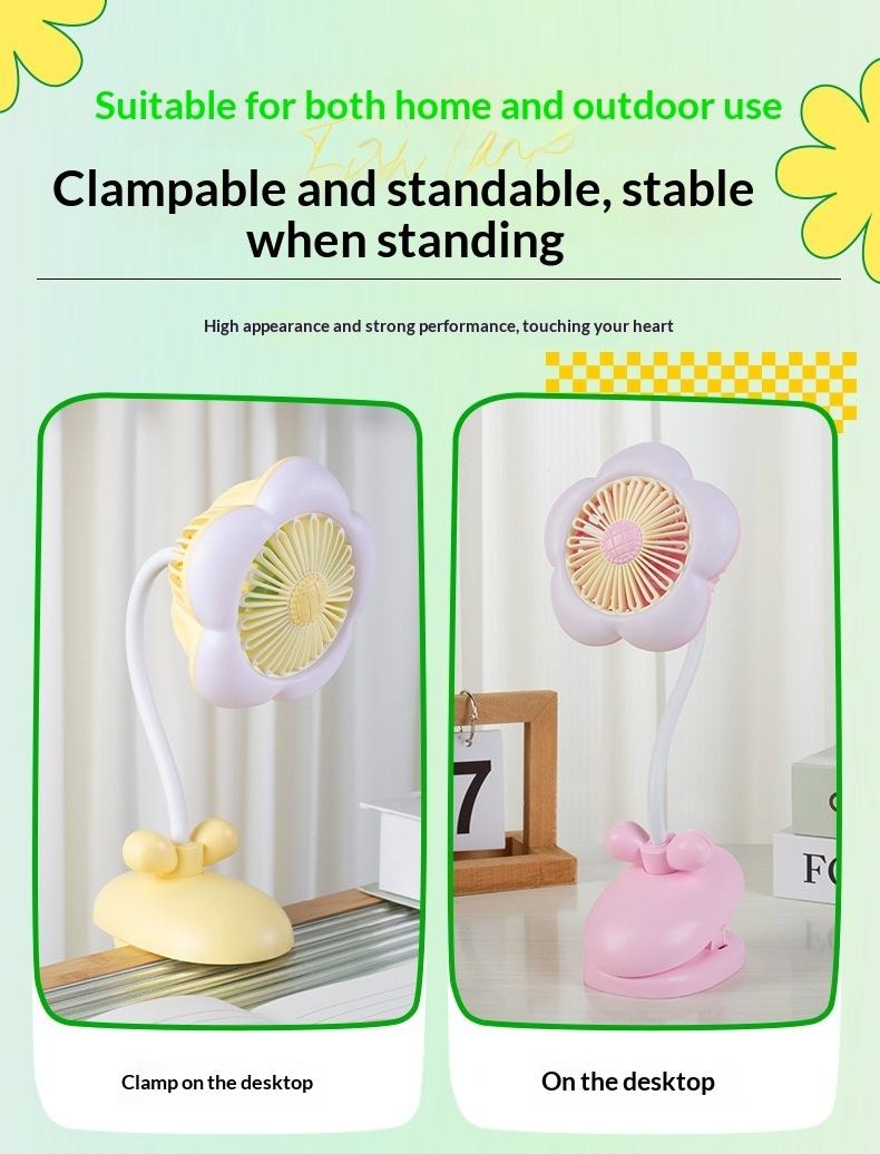 FLOWER CLIP-ON MINI FAN WITH NIGHT LIGHT – USB RECHARGEABLE DESK FAN FOR STUDENTS OFFICE & SUMMER USE
