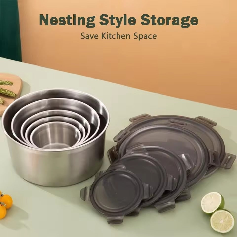 4Pcs Stainless Steel Storage Food Containers Round Box Set With Look