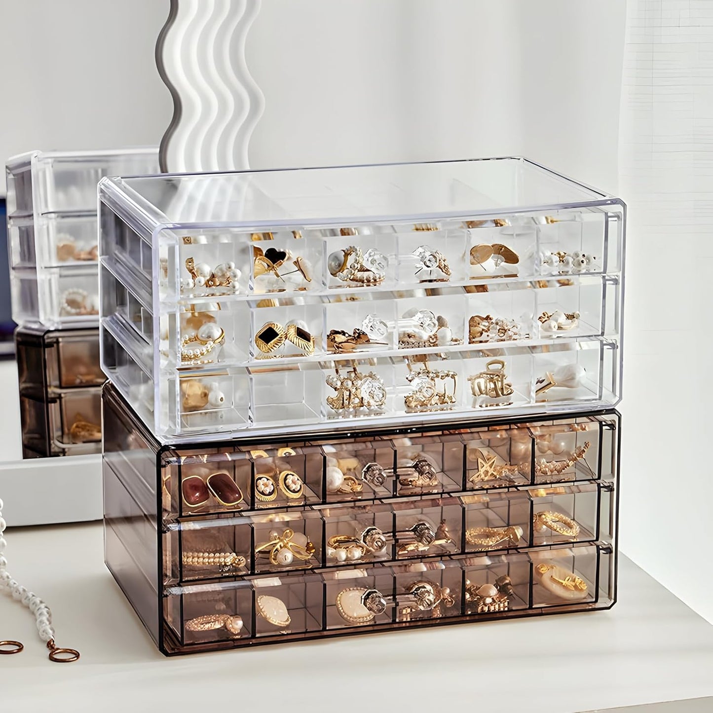 Clear Acrylic 3-Layer Jewelry Organizer Box Drawer Storage Case for Earrings, Rings & Accessories