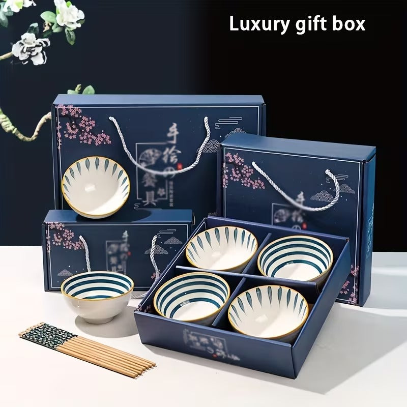 Set Of 6 Printed Ceramic Bowls, Japanese Style Noodle Bowls