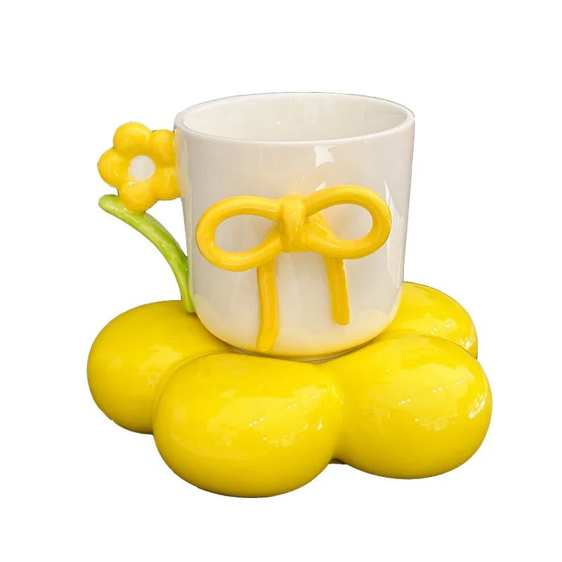 Creative Bow Ceramic Mug With Spoon, Three Simensional Flower Coffee Cup, Girls Office Breakfast Milk Cup