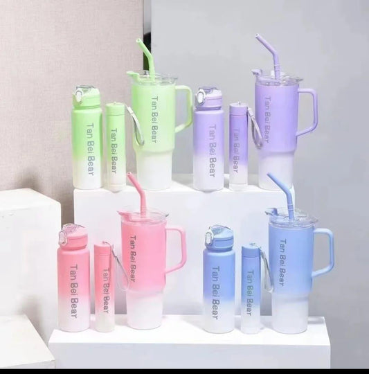 Gradient Tumbler & Water Bottle Set – 3-Piece Leakproof Travel Cups with Straw & Handle | Pastel Aesthetic Hydration Set for School, Gym, Office & Outdoor Use