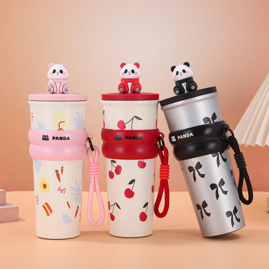 New Arrival Cute Panda Doll Thermos Coffee Cup Juice Milk Drinking Mug With Straw Vacuum Insulated Water Bottle