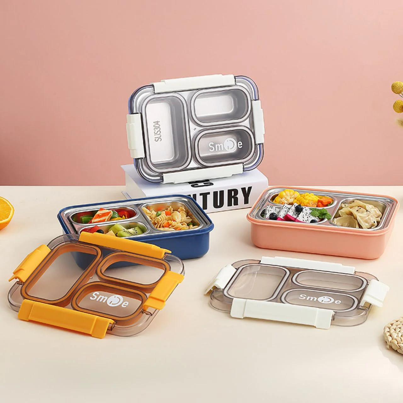 Stainless Steel 3 Compartment Lunch Box with Spoon & fork Secure Lock & Leak-Proof