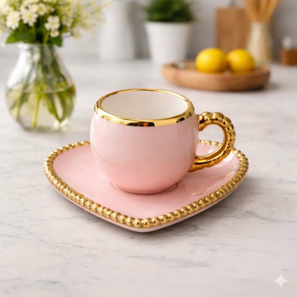 Luxury Heart-Shaped Tea Cup & Saucer with Gold Rim – 1 Piece