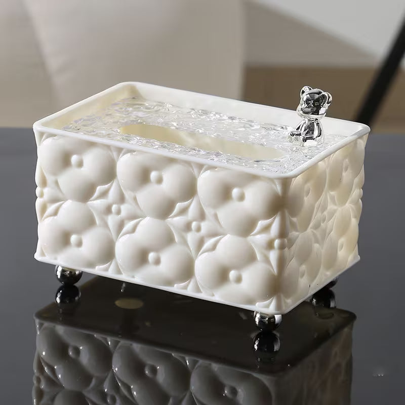 LUXURY DECORATIVE TISSUE BOX WITH CRYSTAL LID AND CHROME BUNNY ACCENT