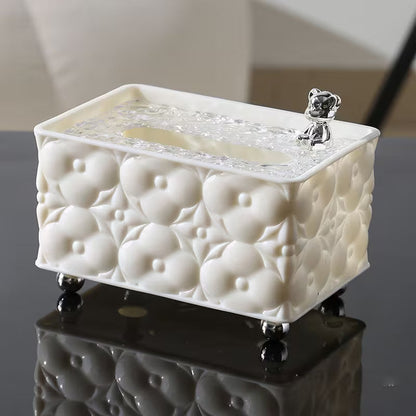 LUXURY DECORATIVE TISSUE BOX WITH CRYSTAL LID AND CHROME BUNNY ACCENT