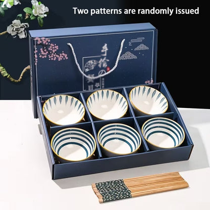 Set Of 6 Printed Ceramic Bowls, Japanese Style Noodle Bowls