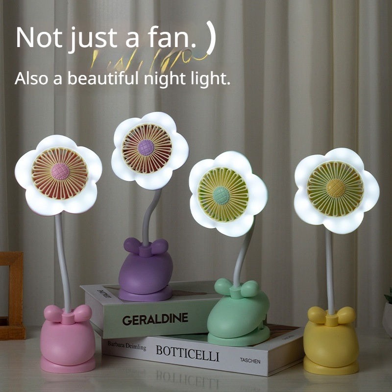 FLOWER CLIP-ON MINI FAN WITH NIGHT LIGHT – USB RECHARGEABLE DESK FAN FOR STUDENTS OFFICE & SUMMER USE