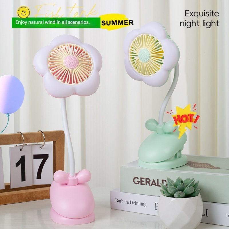 FLOWER CLIP-ON MINI FAN WITH NIGHT LIGHT – USB RECHARGEABLE DESK FAN FOR STUDENTS OFFICE & SUMMER USE