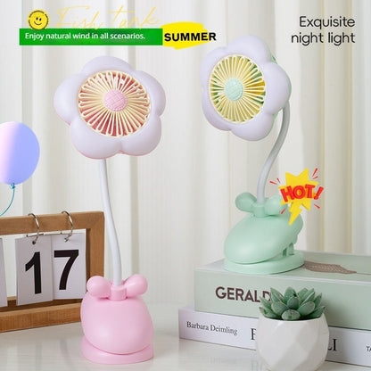 FLOWER CLIP-ON MINI FAN WITH NIGHT LIGHT – USB RECHARGEABLE DESK FAN FOR STUDENTS OFFICE & SUMMER USE