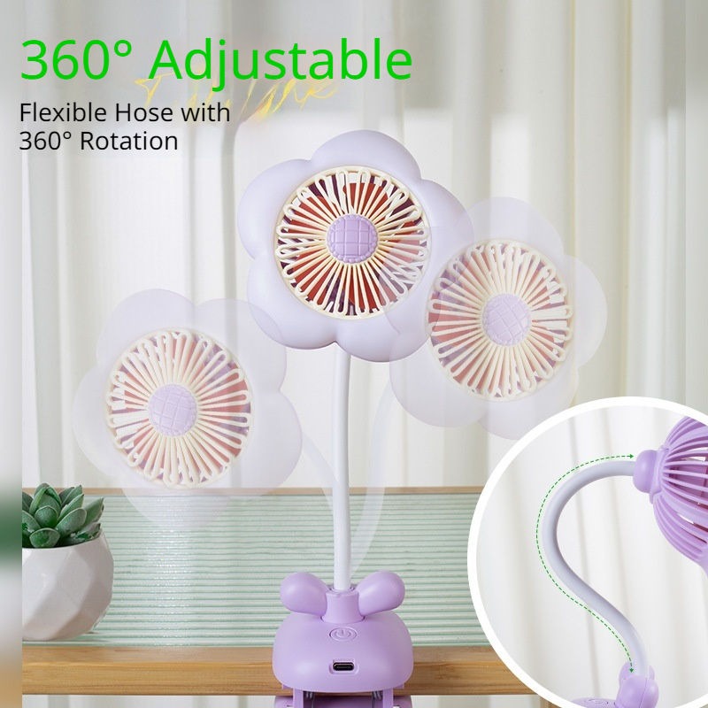 FLOWER CLIP-ON MINI FAN WITH NIGHT LIGHT – USB RECHARGEABLE DESK FAN FOR STUDENTS OFFICE & SUMMER USE