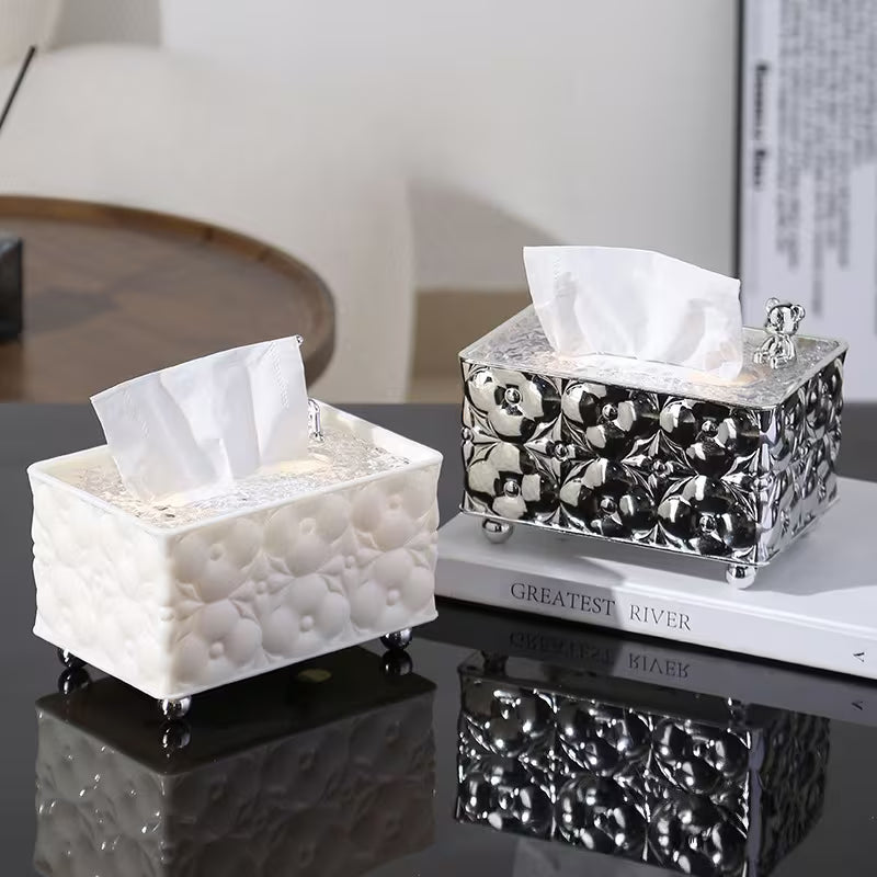 LUXURY DECORATIVE TISSUE BOX WITH CRYSTAL LID AND CHROME BUNNY ACCENT
