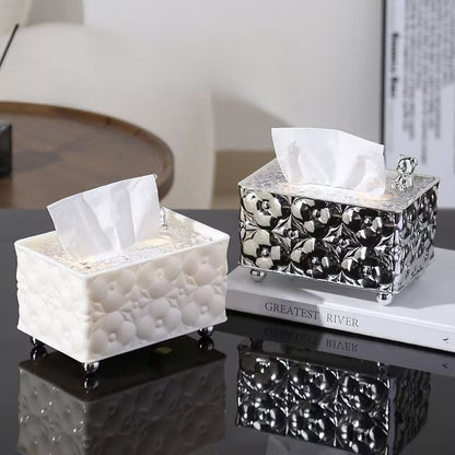 LUXURY DECORATIVE TISSUE BOX WITH CRYSTAL LID AND CHROME BUNNY ACCENT