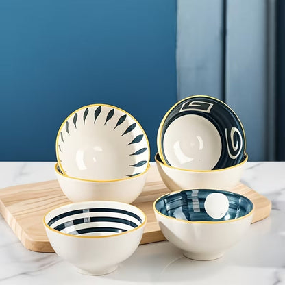 Set Of 6 Printed Ceramic Bowls, Japanese Style Noodle Bowls