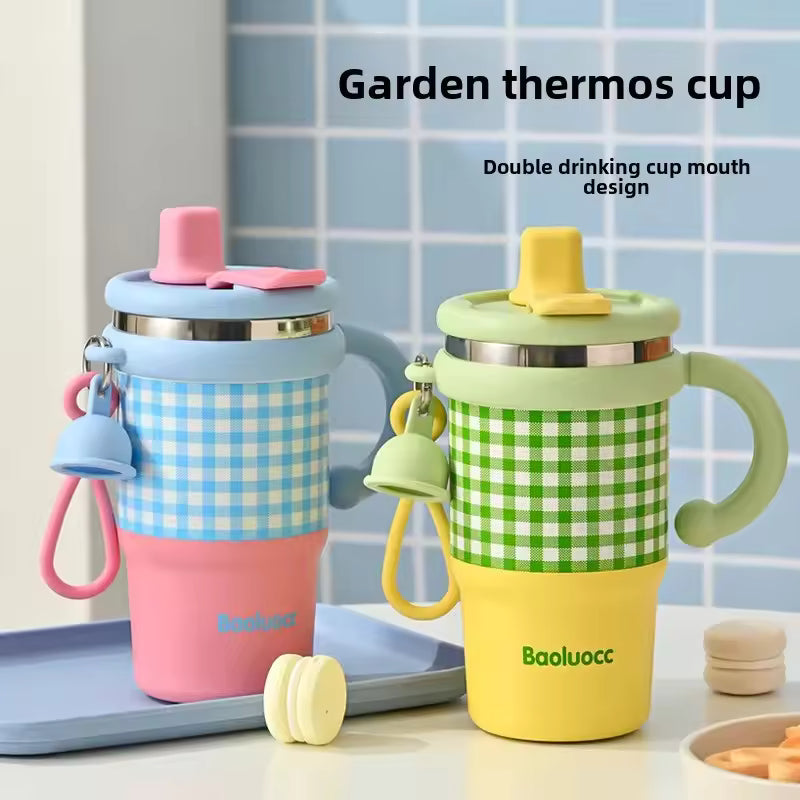 Premium Plaid Garden Thermos Cup – 600ml Double-Wall Insulated