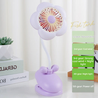 FLOWER CLIP-ON MINI FAN WITH NIGHT LIGHT – USB RECHARGEABLE DESK FAN FOR STUDENTS OFFICE & SUMMER USE