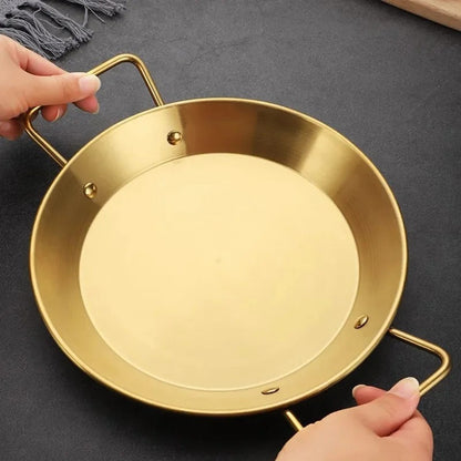Stainless Steel Golden Serving Tray Round Spanish Seafood Cooking Pan 22CM