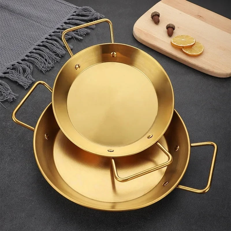 Stainless Steel Golden Serving Tray Round Spanish Seafood Cooking Pan 22CM