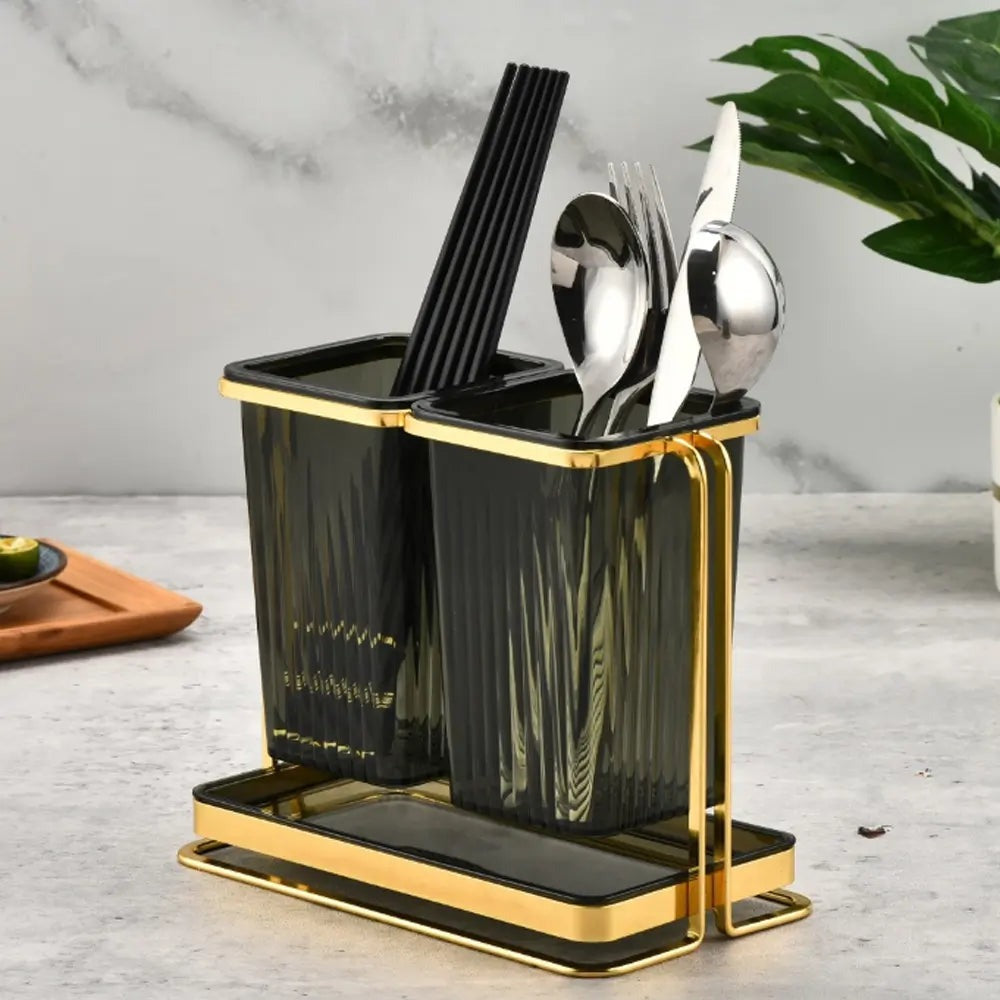 Acrylic Double Cutlery Holder With Metal Stand