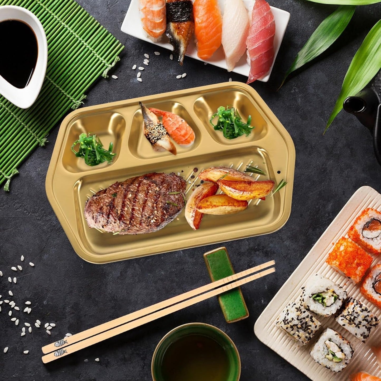 Golden Stainless Steel Divided Serving Tray for BBQ