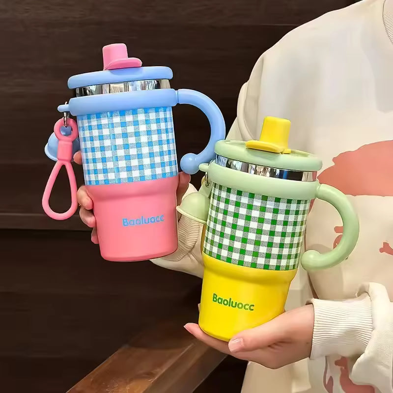 Premium Plaid Garden Thermos Cup – 600ml Double-Wall Insulated