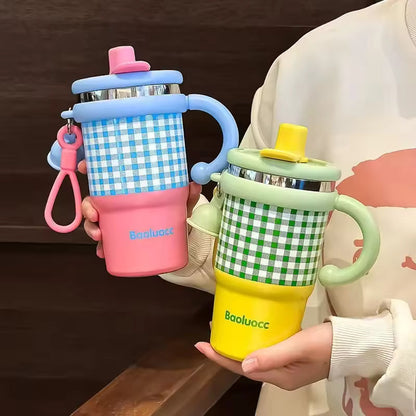 Premium Plaid Garden Thermos Cup – 600ml Double-Wall Insulated