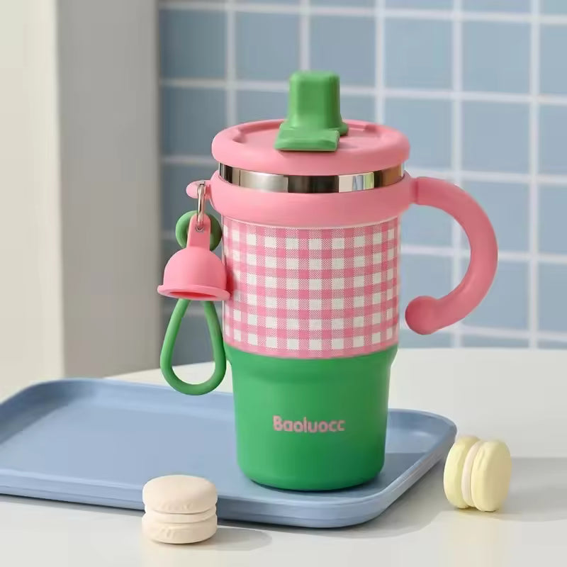 Premium Plaid Garden Thermos Cup – 600ml Double-Wall Insulated