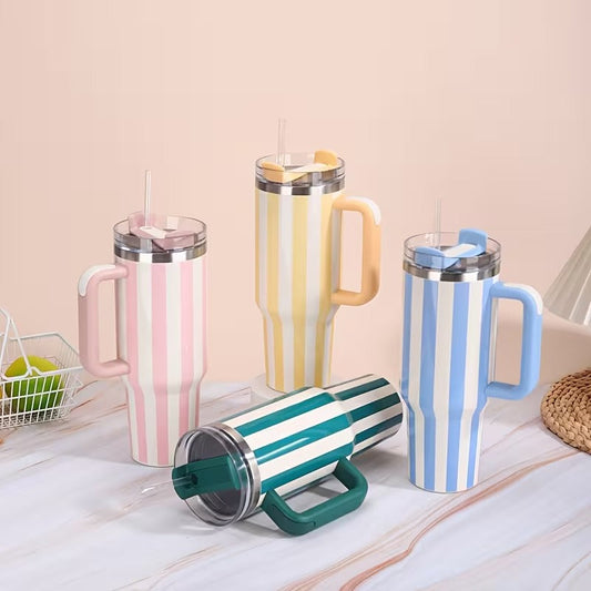 Stanley Quencher Tumbler with Handle – 40oz Striped Travel Mug with Straw & Lid for Iced Coffee, Water & More