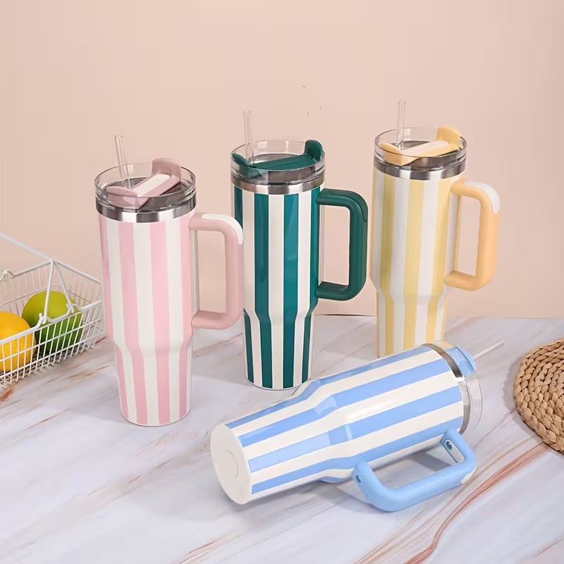 Stanley Quencher Tumbler with Handle – 40oz Striped Travel Mug with Straw & Lid for Iced Coffee, Water & More