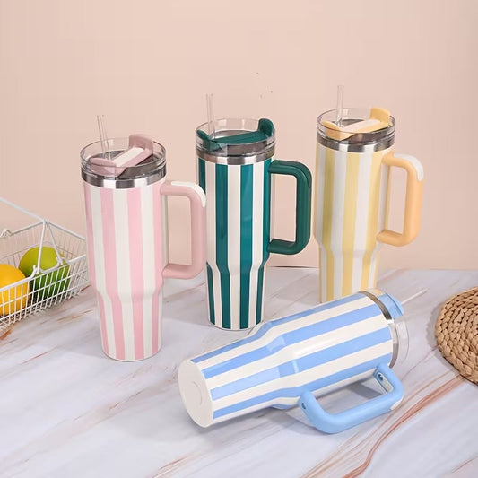 Stanley Quencher Tumbler with Handle – 40oz Striped Travel Mug with Straw & Lid for Iced Coffee, Water & More