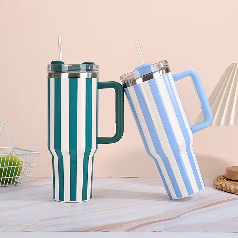 Stanley Quencher Tumbler with Handle – 40oz Striped Travel Mug with Straw & Lid for Iced Coffee, Water & More
