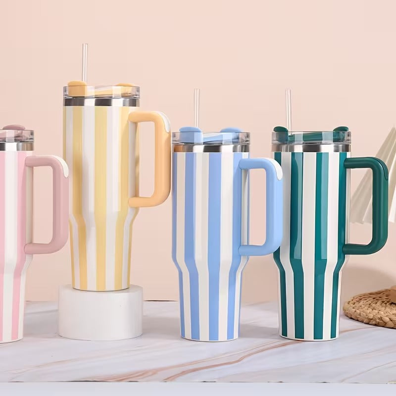 Stanley Quencher Tumbler with Handle – 40oz Striped Travel Mug with Straw & Lid for Iced Coffee, Water & More