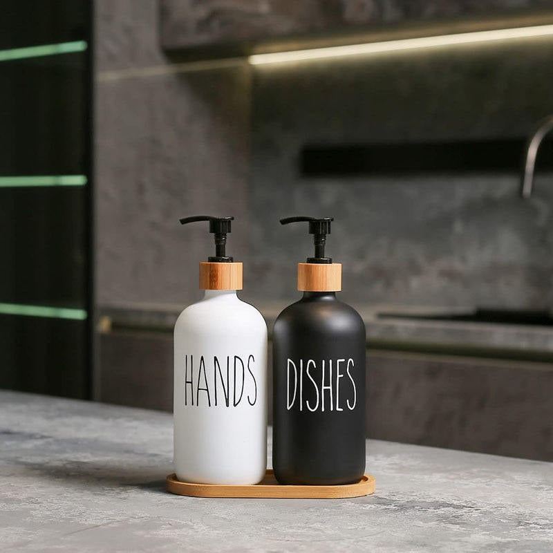 Bathroom Hand Soap Dispenser With Bamboo Tray