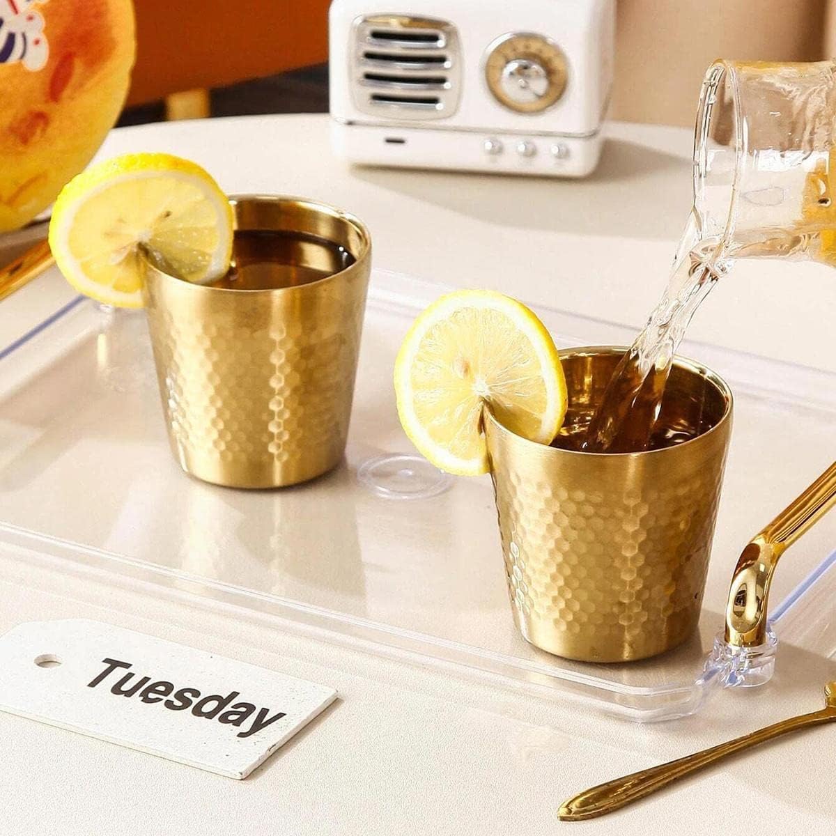 Stainless Steel Drinking Glass Hammered Golden (Small 260ml/ Large 350ml)
