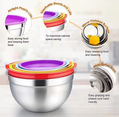 5-Piece Stainless Steel Mixing Bowl Set with Lids – Silicone Base Salad & Cooking Bowls for Kitchen