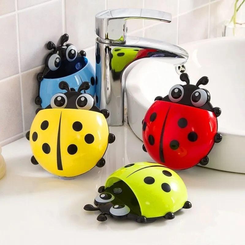 Creative Cute Cartoon Ladybug Kids Wall Suction Cup Mount Toothbrush Toothpaste Holder