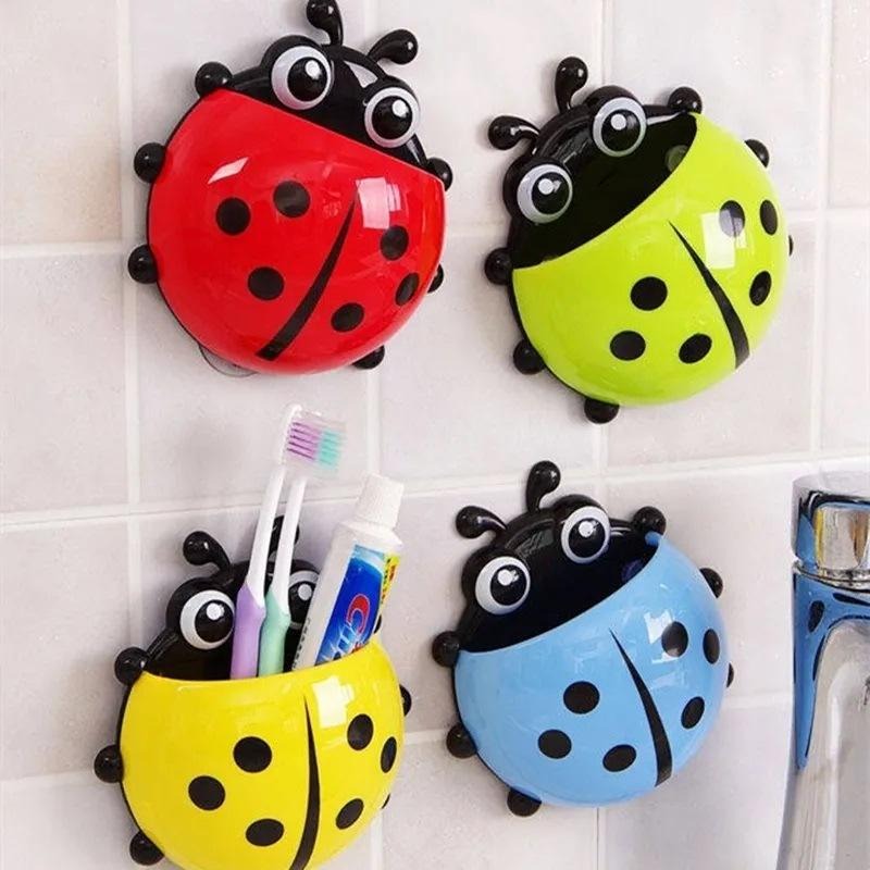 Creative Cute Cartoon Ladybug Kids Wall Suction Cup Mount Toothbrush Toothpaste Holder