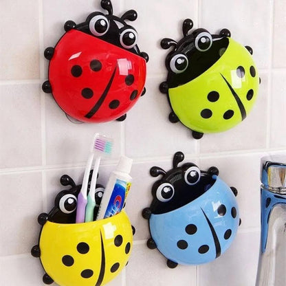 Creative Cute Cartoon Ladybug Kids Wall Suction Cup Mount Toothbrush Toothpaste Holder