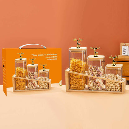 Luxury Glass Storage Jar Set with Golden Deer Lid & Bamboo Stand – 3pcs (880ml, 700ml, 530ml)