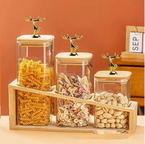 Luxury Glass Storage Jar Set with Golden Deer Lid & Bamboo Stand – 3pcs (880ml, 700ml, 530ml)