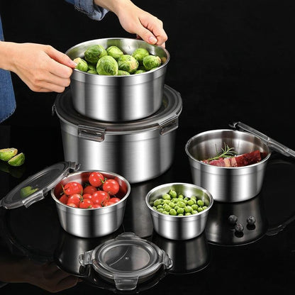 4Pcs Stainless Steel Storage Food Containers Round Box Set With Look