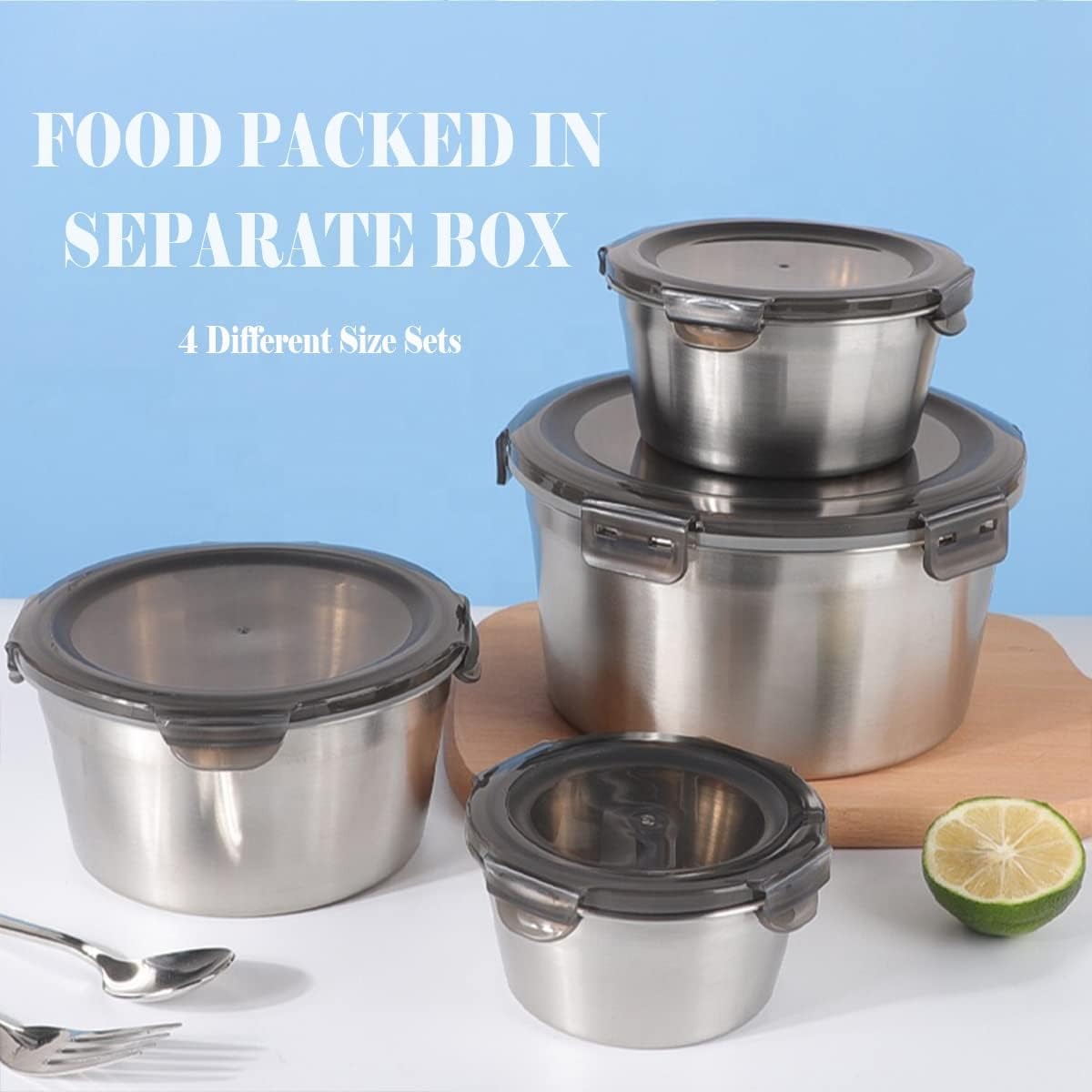 4Pcs Stainless Steel Storage Food Containers Round Box Set With Look