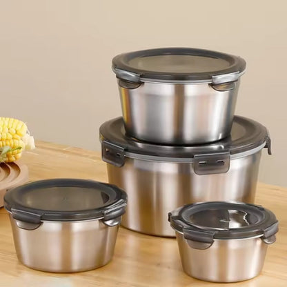 4Pcs Stainless Steel Storage Food Containers Round Box Set With Look