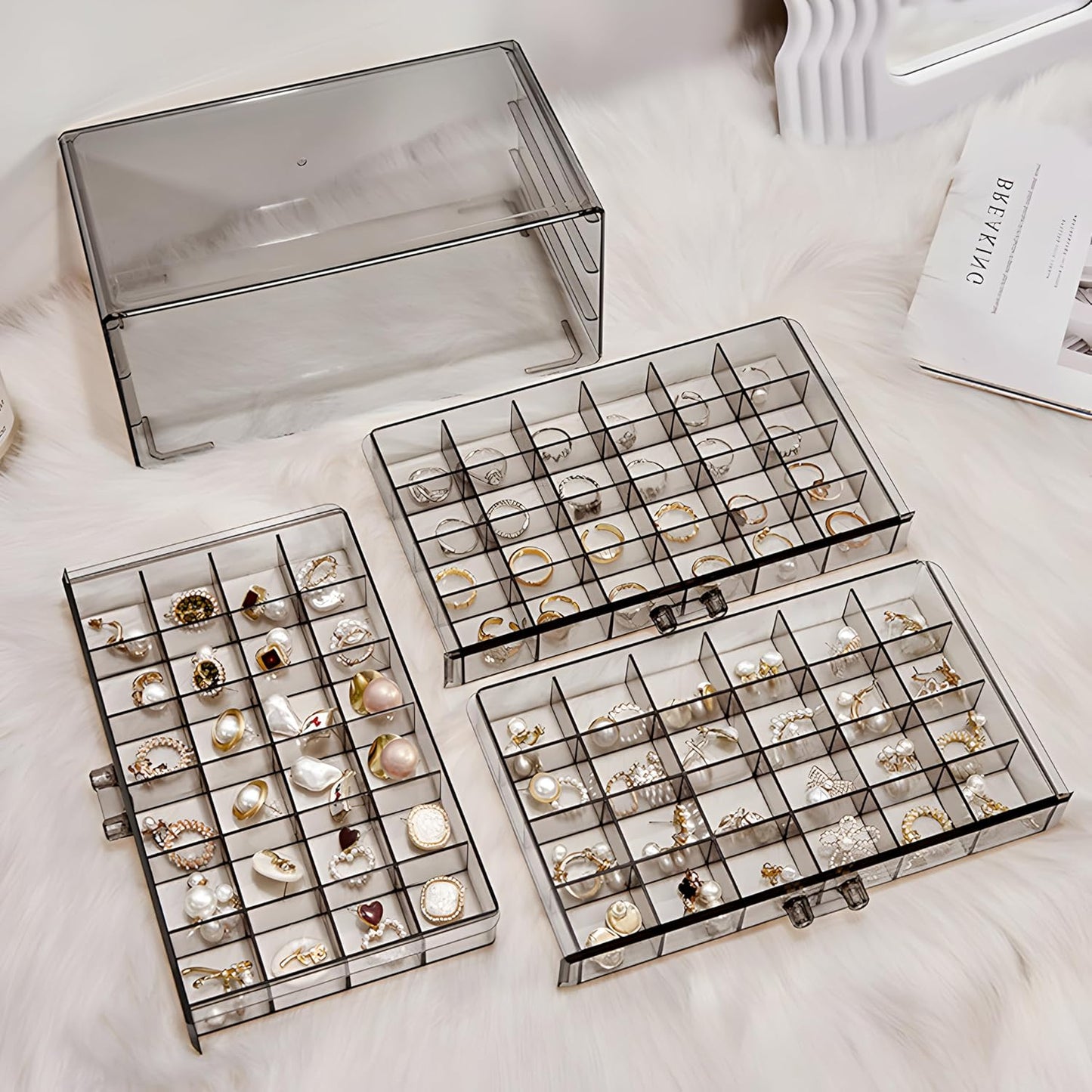 Clear Acrylic 3-Layer Jewelry Organizer Box Drawer Storage Case for Earrings, Rings & Accessories