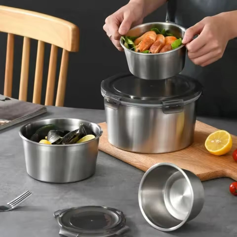 4Pcs Stainless Steel Storage Food Containers Round Box Set With Look