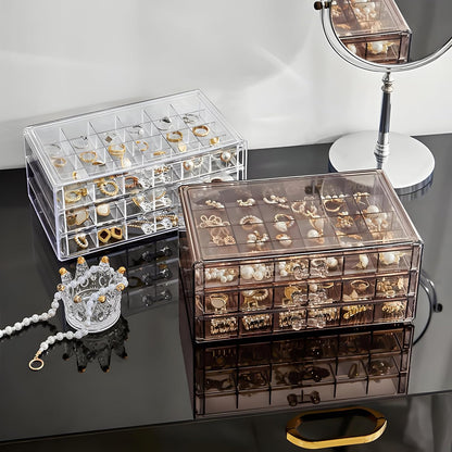 Clear Acrylic 3-Layer Jewelry Organizer Box Drawer Storage Case for Earrings, Rings & Accessories