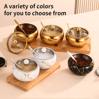 Stainless Steel Condiment Storage Container Sugar Bowl with Glass Lid and Spoon Practical Kitchen Organization Tool White