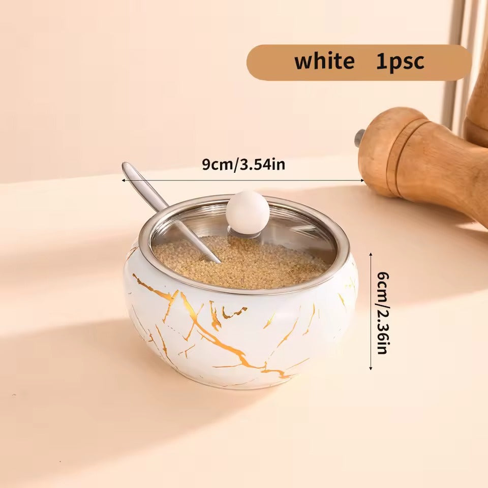 Stainless Steel Condiment Storage Container Sugar Bowl with Glass Lid and Spoon Practical Kitchen Organization Tool White
