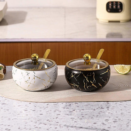 Stainless Steel Condiment Storage Container Sugar Bowl with Glass Lid and Spoon Practical Kitchen Organization Tool White